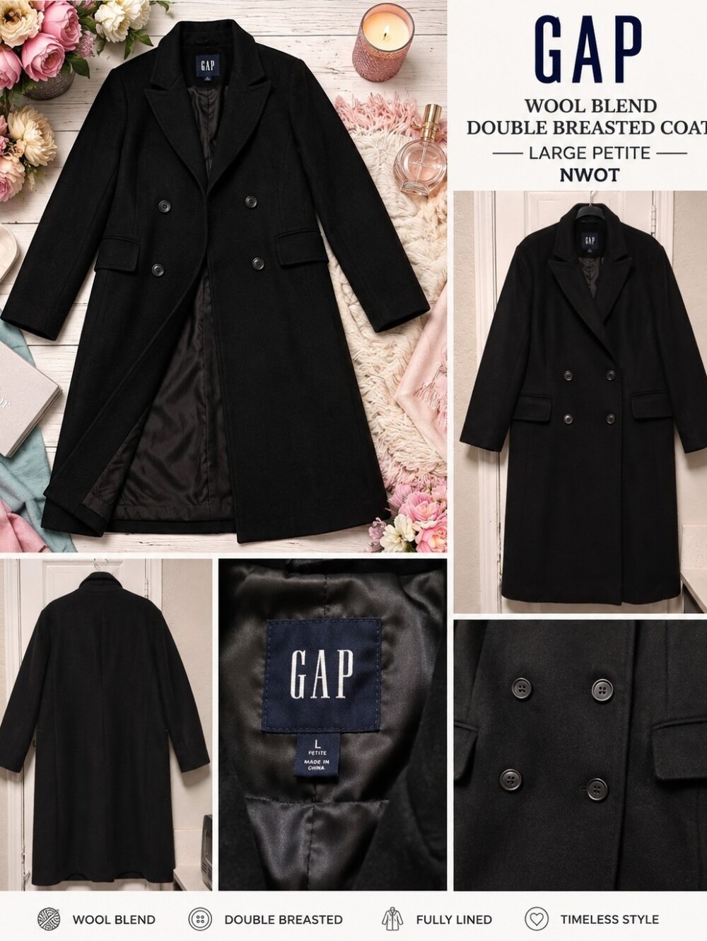 GAP Timeless Tailored Wool Blend Coat | Black Double Breasted |LgPetite|Like New - Picture 5 of 9